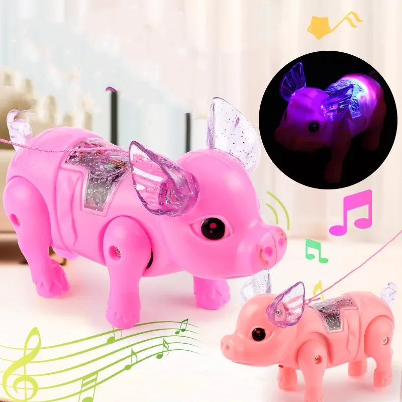 Simpatica musica elettrica a LED per maiale che cammina, corda elettronica che tira animali domestici con musica da passeggio leggera, animali domestici elettronici per bambini, neonati