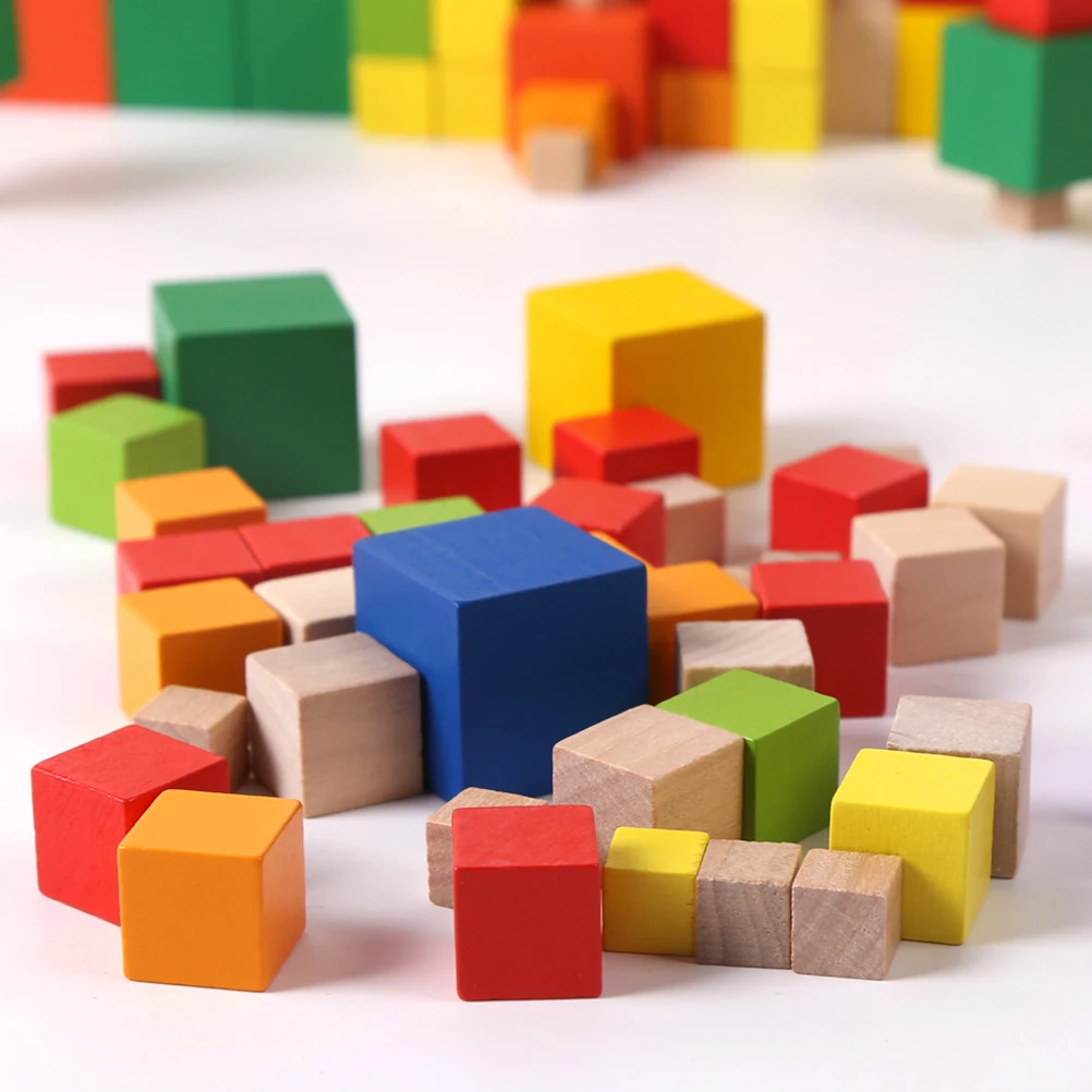 

100 PCS DIY Cube Wood Square Block Wooden Craft Building Blocks Box Small Bamboo
