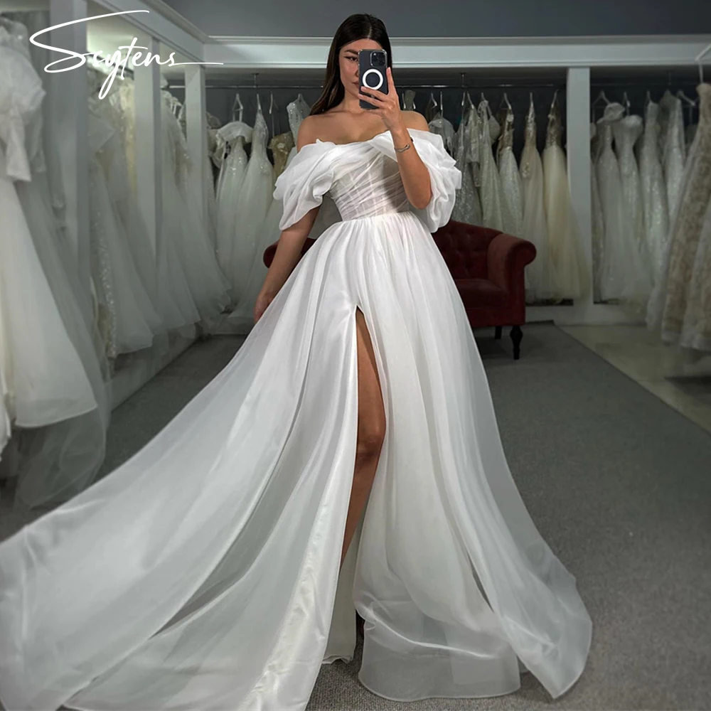 White Organza Wedding Dress Off Shoulder Custom Made Bride Dresses Vestido blanco Sexy Side Split Vestidos Largos Robe De Mariée