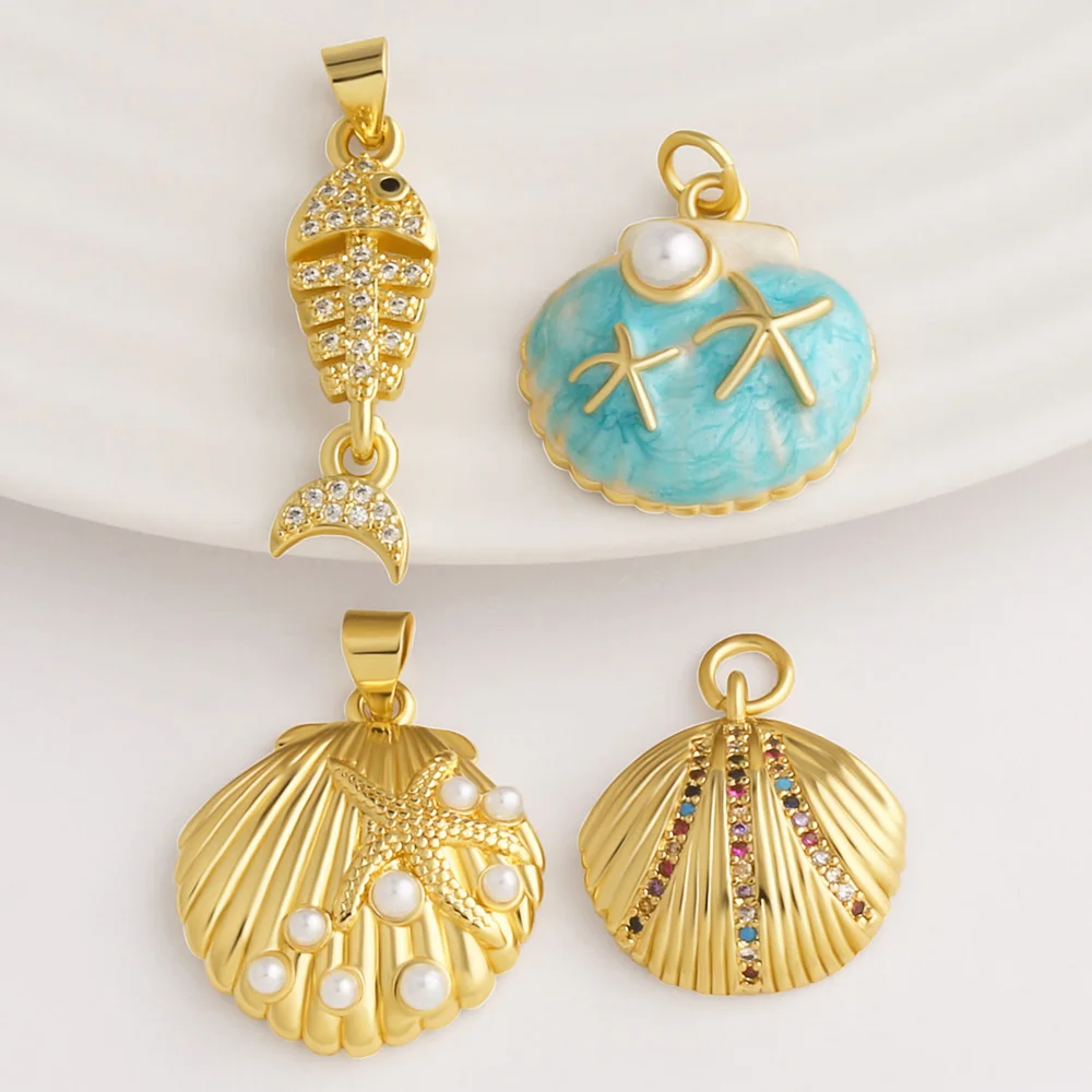 OCESRIO Shell Seashell Fish Bone CZ Pearl Necklace Pendant Copper Gold Plated Ocean Beach Jewelry Making Component pdtc089