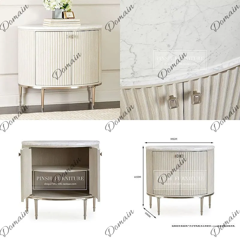 Modern Solid Wood Semi-Circle Entrance Cabinet, Marble Top Sideboard Storage, American Light Luxury Hallway Decor