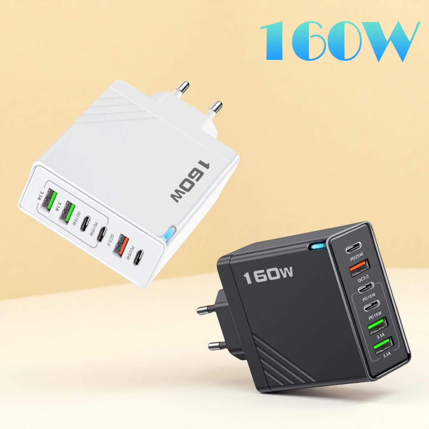 160W 6-port Fast Charging USB Type C Quick Charge Wall Charger Adapter Travel Charger For Phone Xiaomi Huawei PD Phone Charger