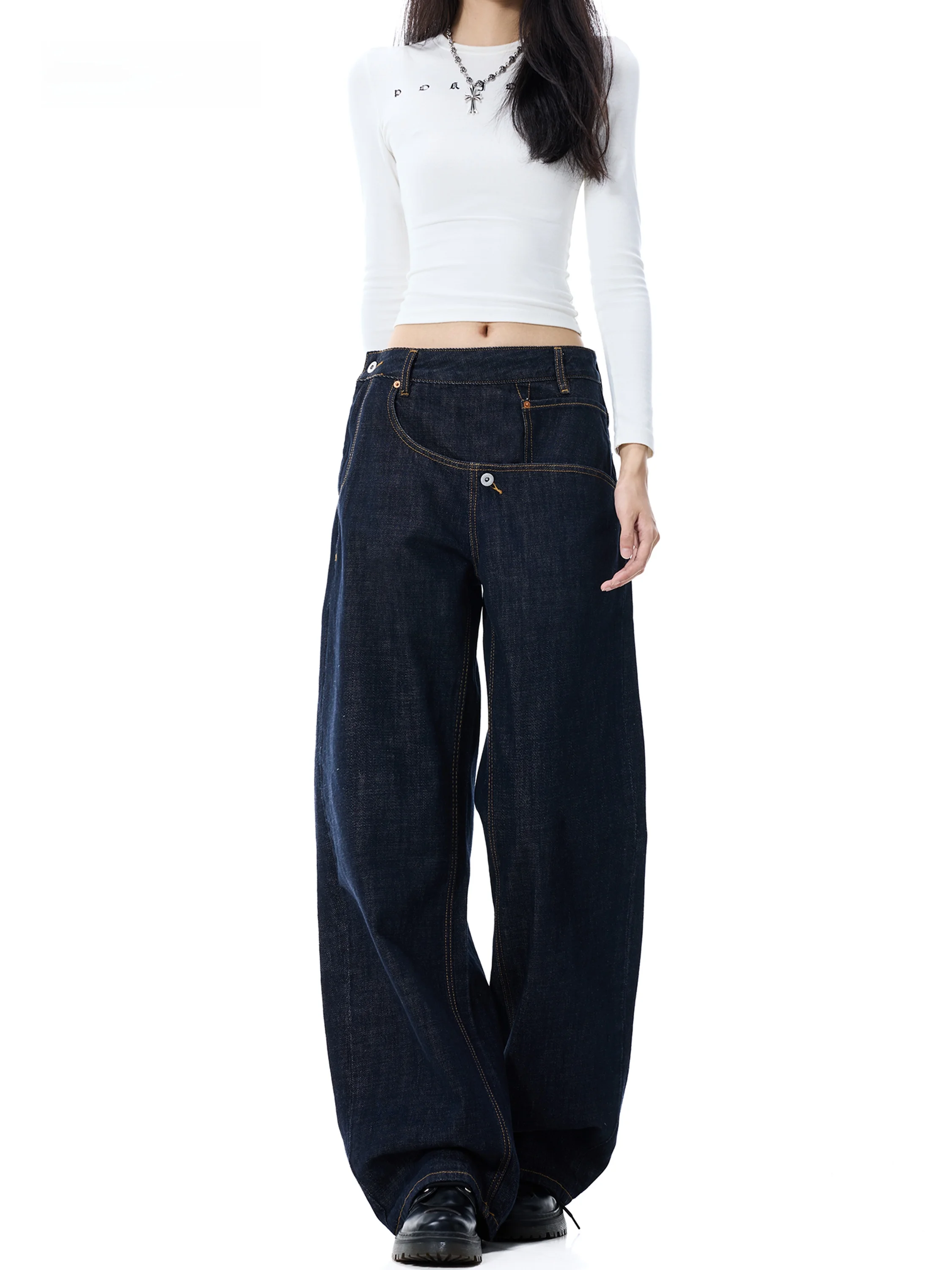 Low Waist Wide Leg Denim Jeans Women's Autumn New Style EDX Destructed Pocket Design Splicing Cotton Blend Comfortable Casual...