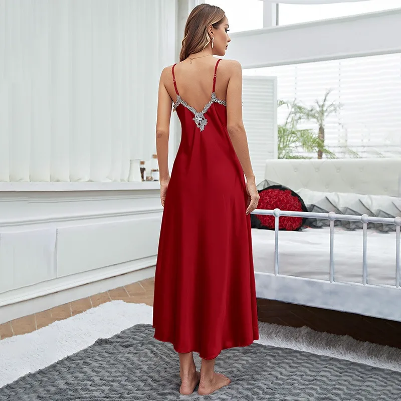 Large Size Suspenders Pajamas Dress Female Summer Sexy Spicy Over Calf Length Sleepshirts Ladies Latest Lace Ice Silk Nightgown