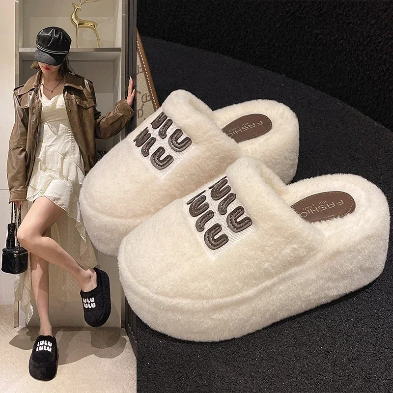 

Thick Sole Plush Keep Warm Slippers Women Outdoor Toe Wrap Fashion Designer High Heels Women Slippers Style Zapatillas De Mujer