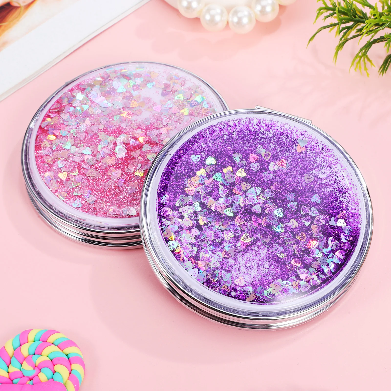 

2Pcs Portable Travel Makeup Mirror Cute Handheld Mini Folding Compact Mirror Small Round Pocket Mirrors High Definition