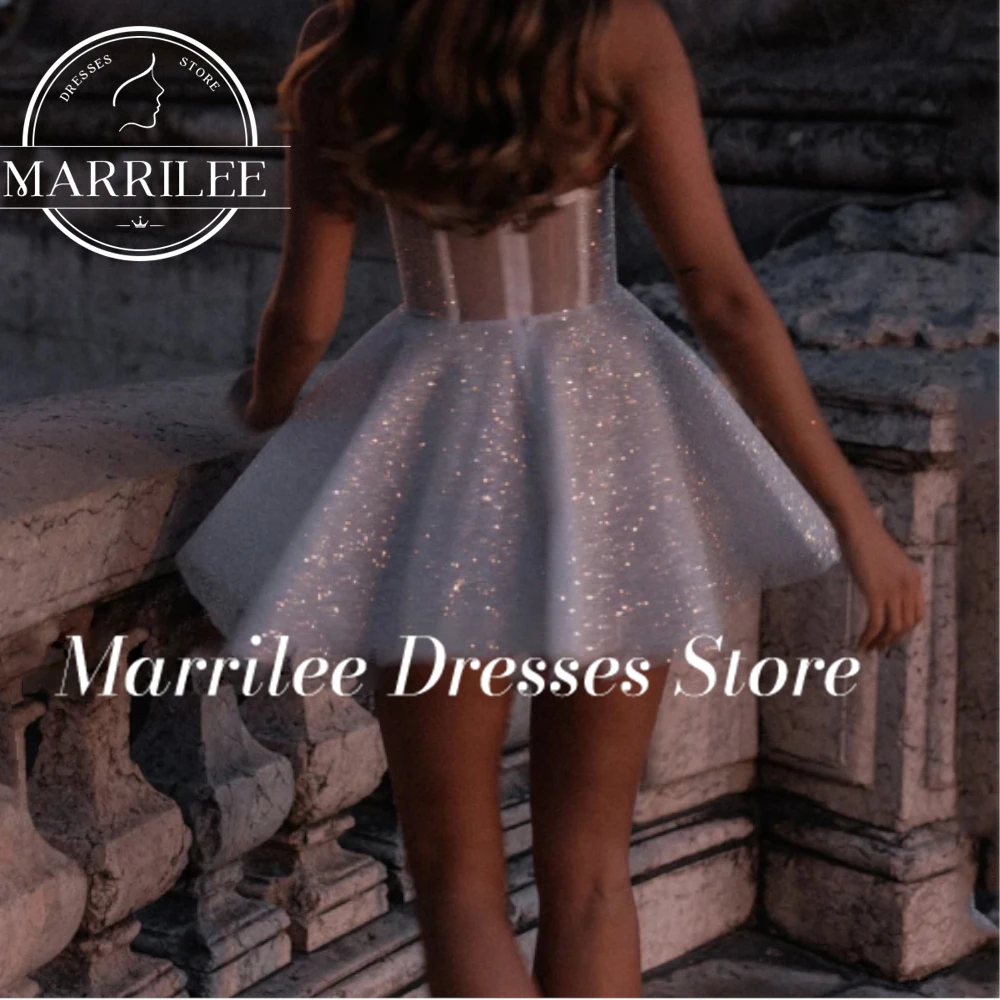 Marrilee Customized Wedding Dress Short Mini Shiny Skirt Evening Dresses Spaghetti Straps Ribbon Bridal Gown Formal Party Dress