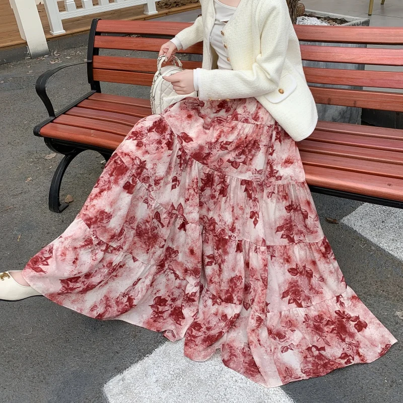 Retro Tie-dye Ink Wash Print Red Chiffon A-line Skirt Elastic High-waist Tiered Cake Skirt Women's New Autumn Trendy Midi Skirts