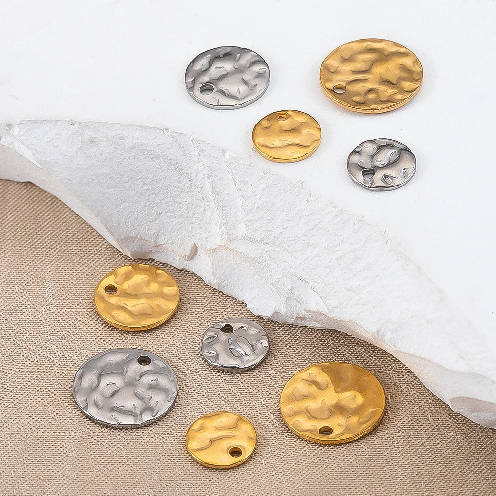 10pcs Golden Stainless Steel 8-12mm Round Hammered Earrings Charms Necklace Pendant For DIY Earring, Jewelry Making Components