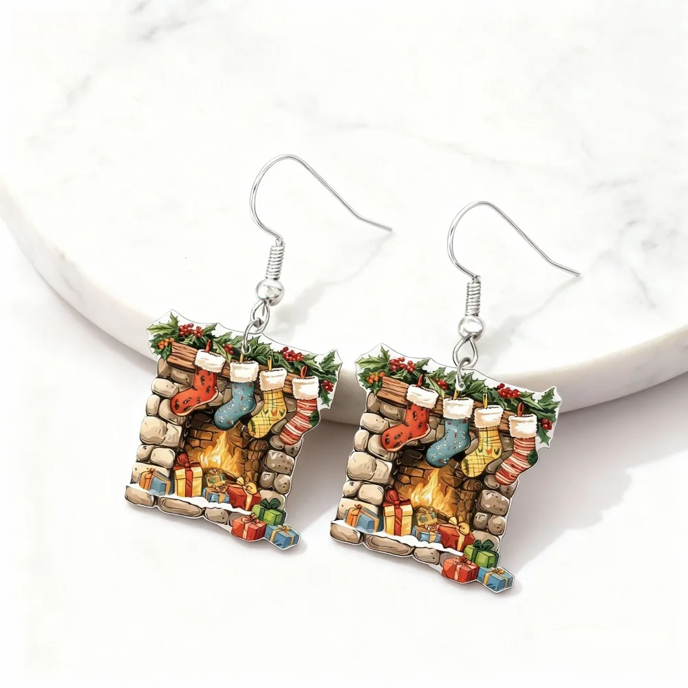 1 Pair Christmas Fireplace Stocking Dangle Earrings, Cute Cartoon Acrylic Xmas Fireplace Drop Earrings, Hypoallergenic Lightweight Holiday Jewelry Gift for Women Girls Christmas Party Outfit Accessories