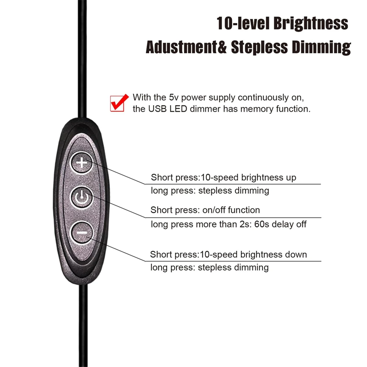 NEW 5V USB LED Dimmer Switch, 10-Speed Dimming, Female to Male, 2 Pack USB Powered Dimmer for 5V Single Color LED Lights
