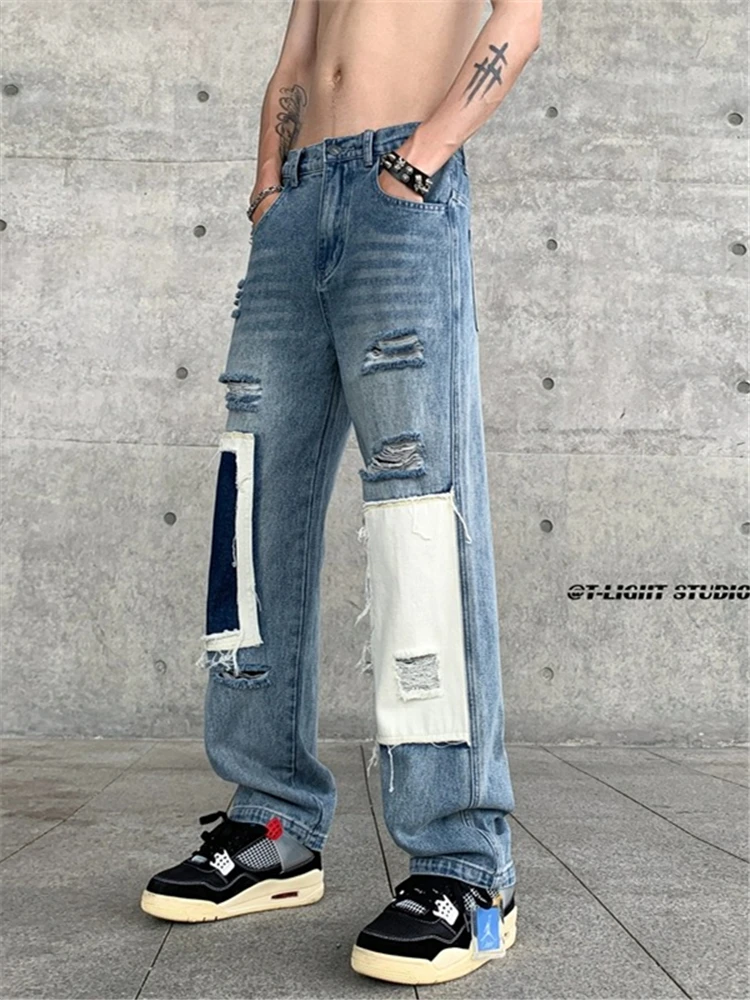 

Men's Ripped Patchwork Jeans Trendy Straight Casual Pants Thin High Street Vibe Autumn Jeans mid Waist Long Pants Casual Jeans