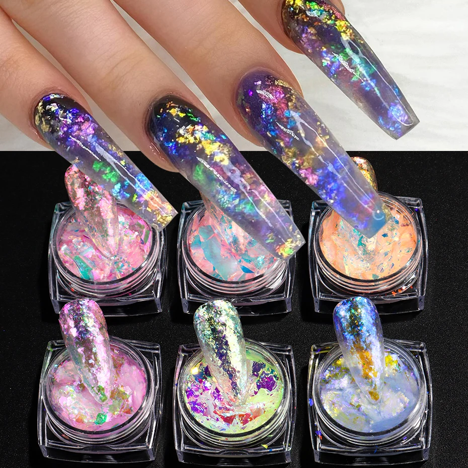 6 Colors Ice Platinum Nail Glitter Powder Ice Chrome Flakes Reflective Thin Sequin Sparkly Nail Glitter Gorgeous Nail Decoration