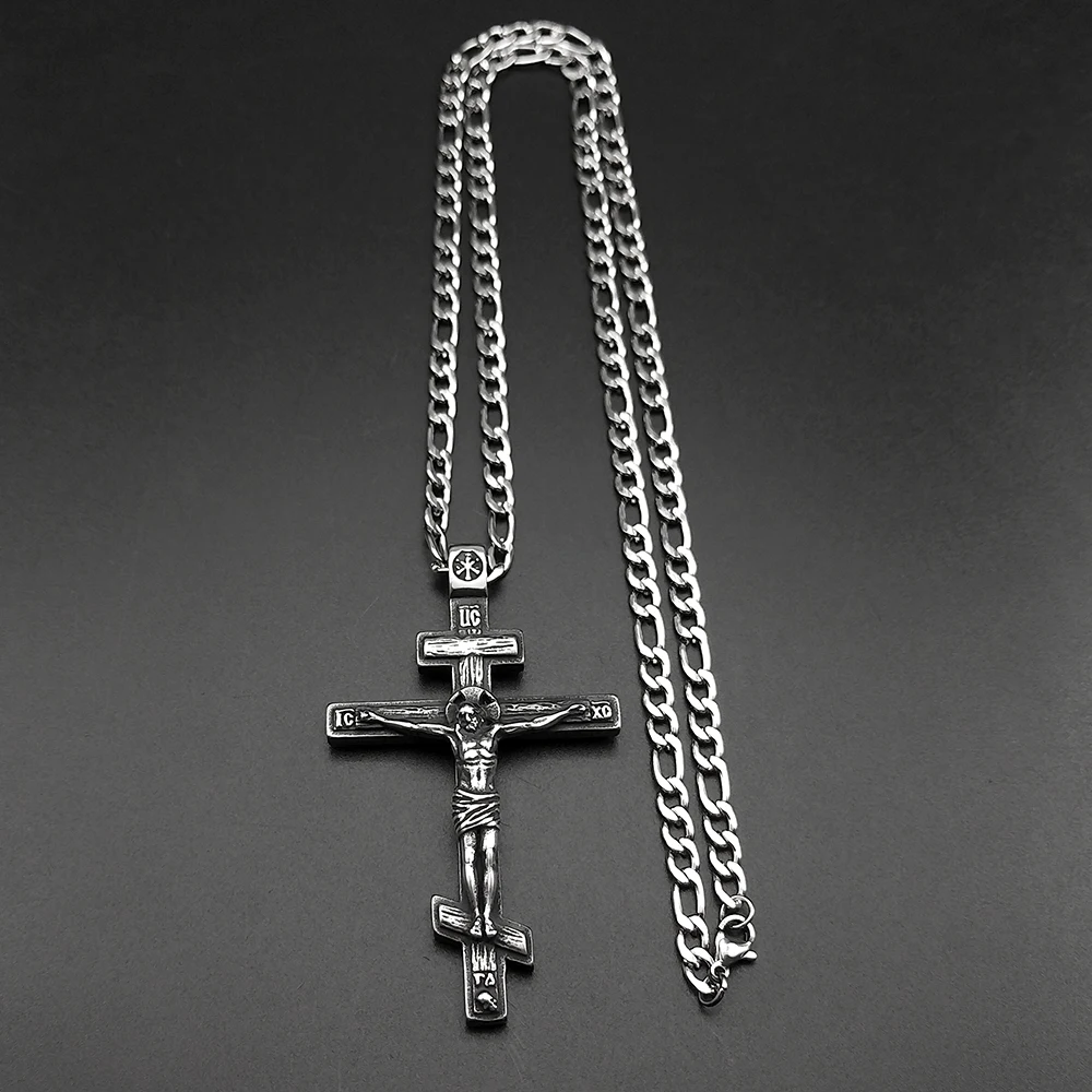Vintage Orthodoxe Jesus Kreuz Anhänger Halskette für Frauen Männer Silber Farbe Edelstahl Kruzifix Taufe Hip Hop Kette Schmuck – Detail 9