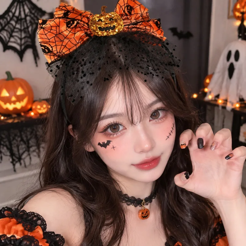 Halloween Headband Spider Web Pumpkin Devil Atmosphere Funny Hairpin Fabric Party Costume Lightweight Adult Size Black Red Daily