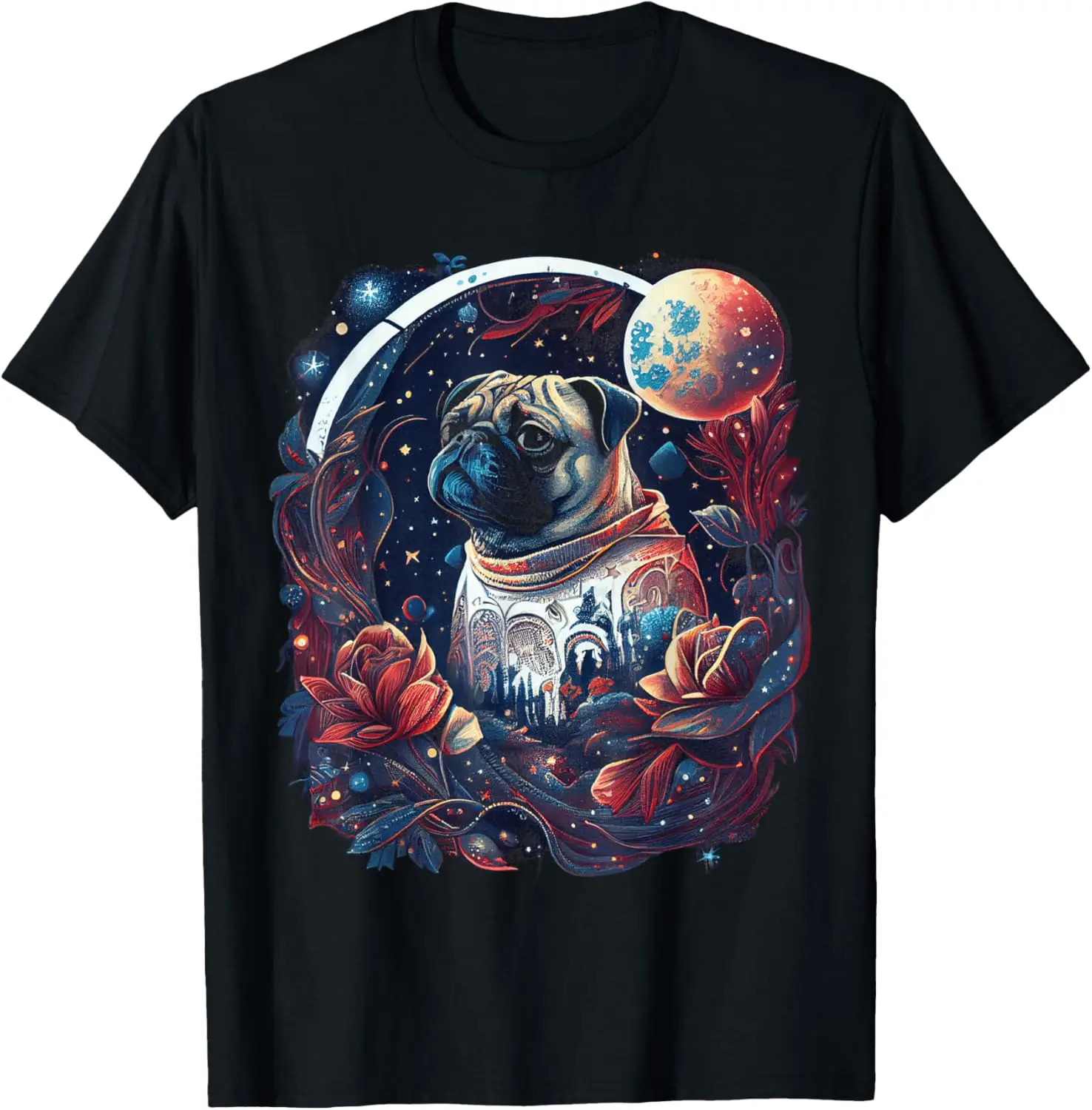 Cute Pug Dog Surrounded By Stars Planet Graphic T-Shirt