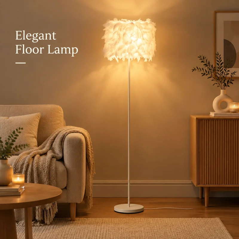 Floor Lamp Crystal Feather Shade Modern Standing Fixture for Living Room Bedroom Study Wedding Makeup Streaming Fill Light Decor