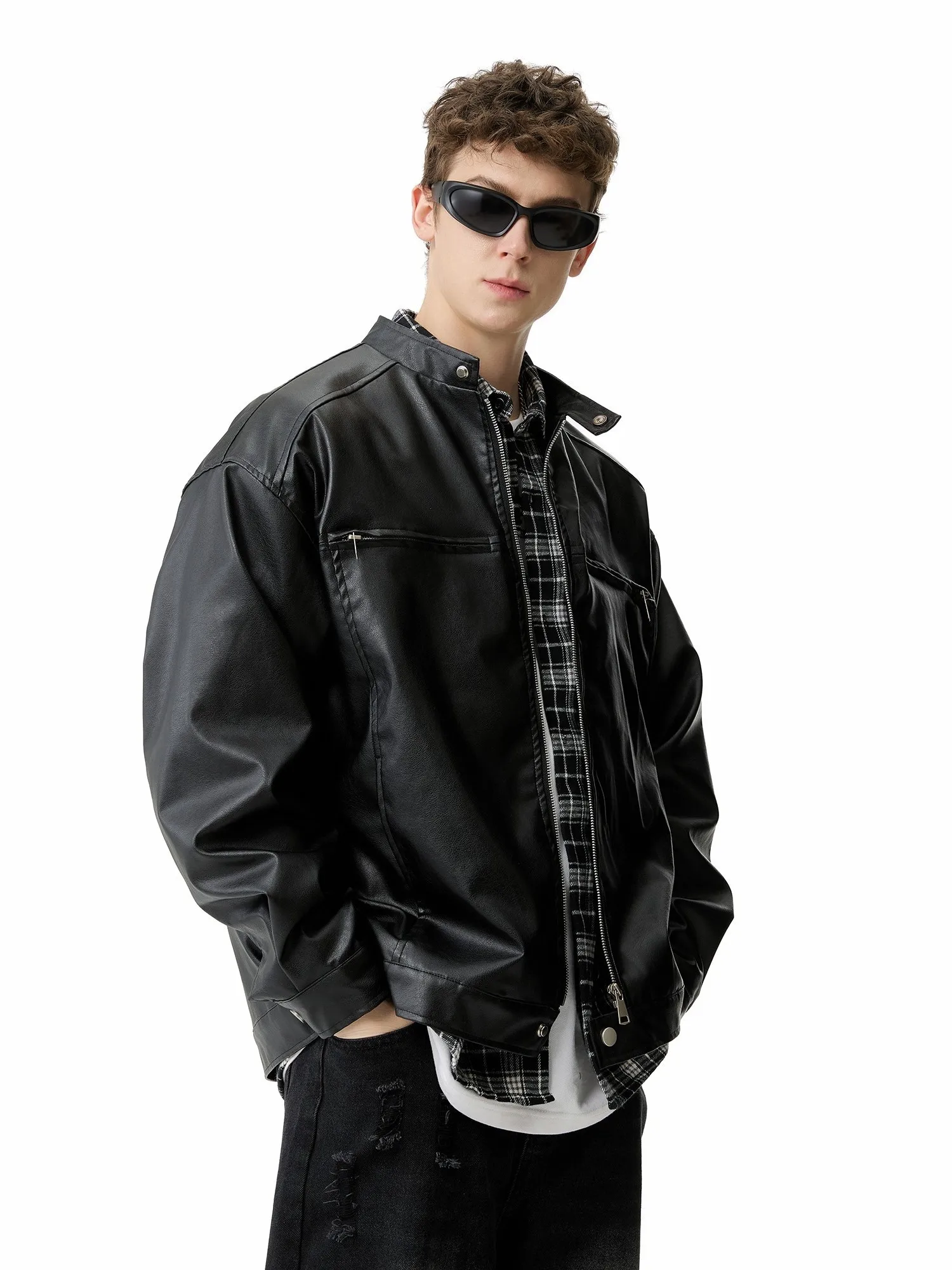 

American Retro Henry Collar Leather Jaet Men's Autumn Winter New Loose Casual Simple Matched Upper irt Jaet