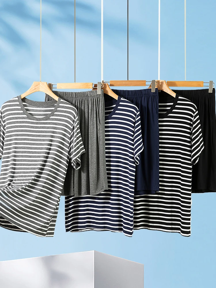 

Мужская домашняя одежда из модала ort Sve, летняя футболка в тонкую полоску, комплект orts, повседневная ночная рубашка большого размера, комплект из двух предметов