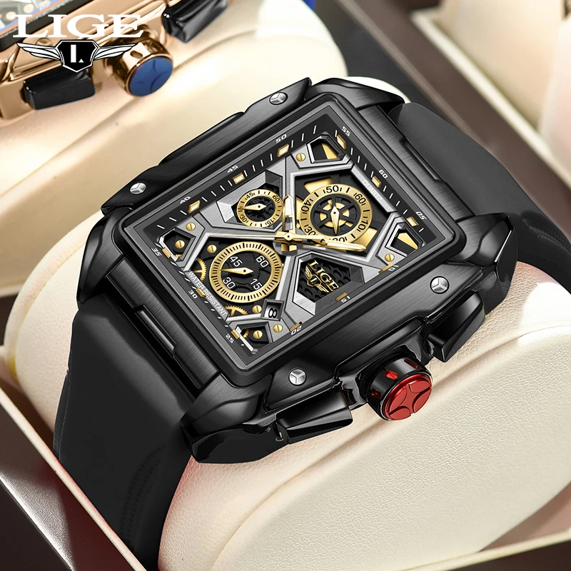 LIGE Fashion Hollow Square Quartz Men Watches Luxury Silicone Strap Waterproof Man Clock Military Casual Sport Watch for Men New