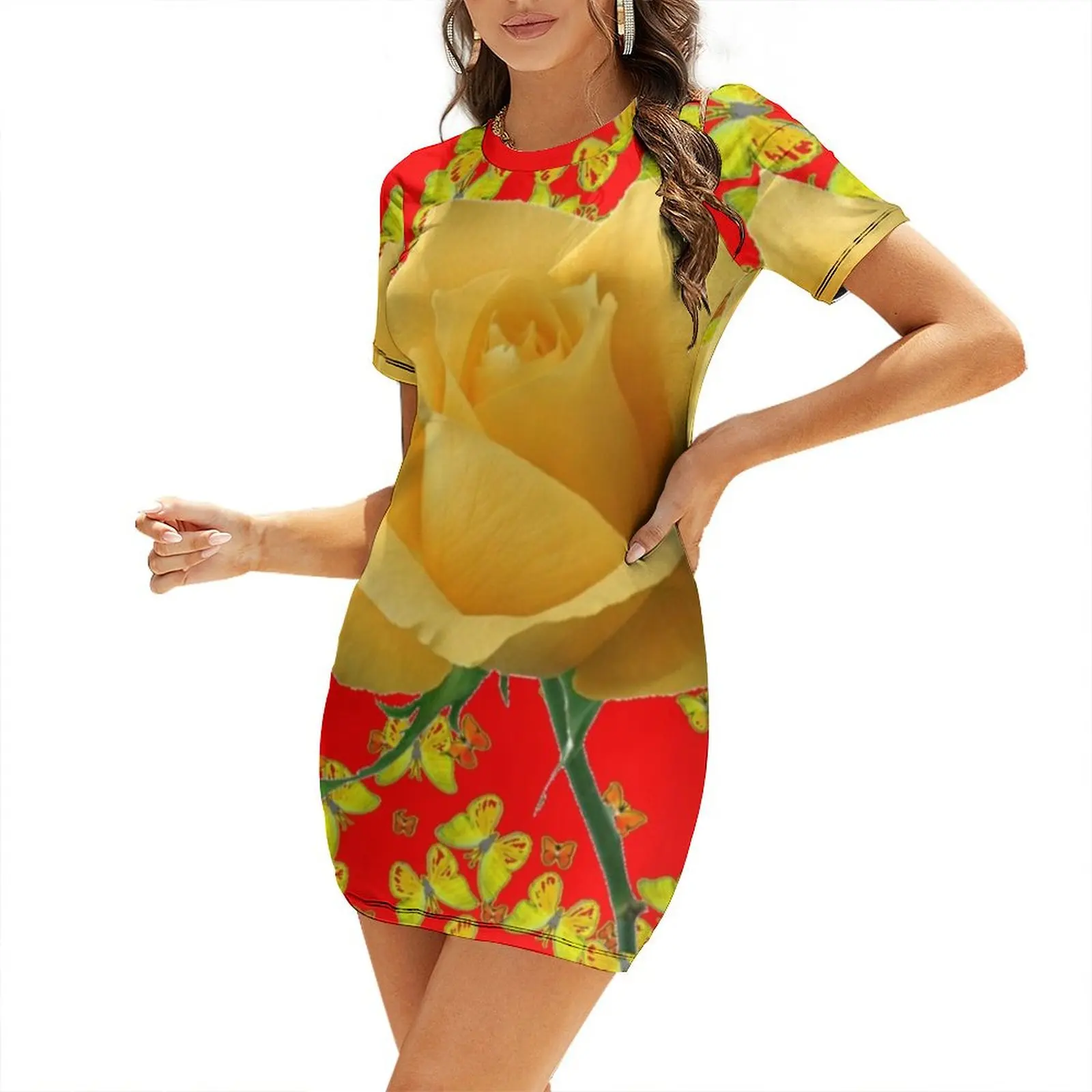

YELLOW GARDEN ROSE, BUTTERFLIES ON RED ART Short-Sleeved Dress Dress for pregnant women Casual dresses Dress