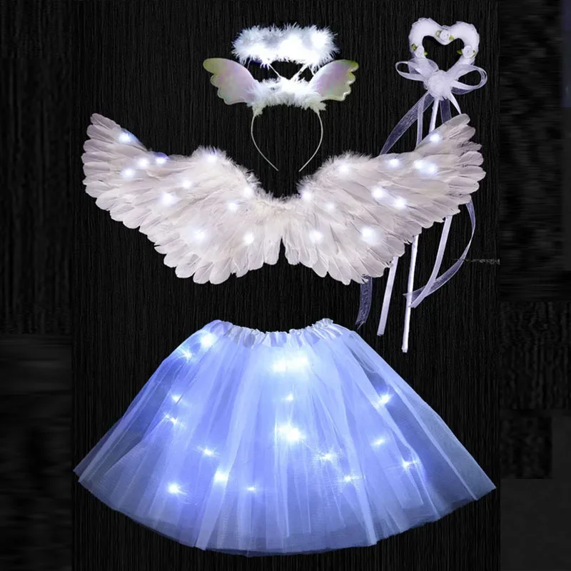 Kids Girl LED Flashing Light Up Angel Costume Feather Butterfly Wing Skirt Fairy Wand Halo Prop Party Birthday Wedding Festival