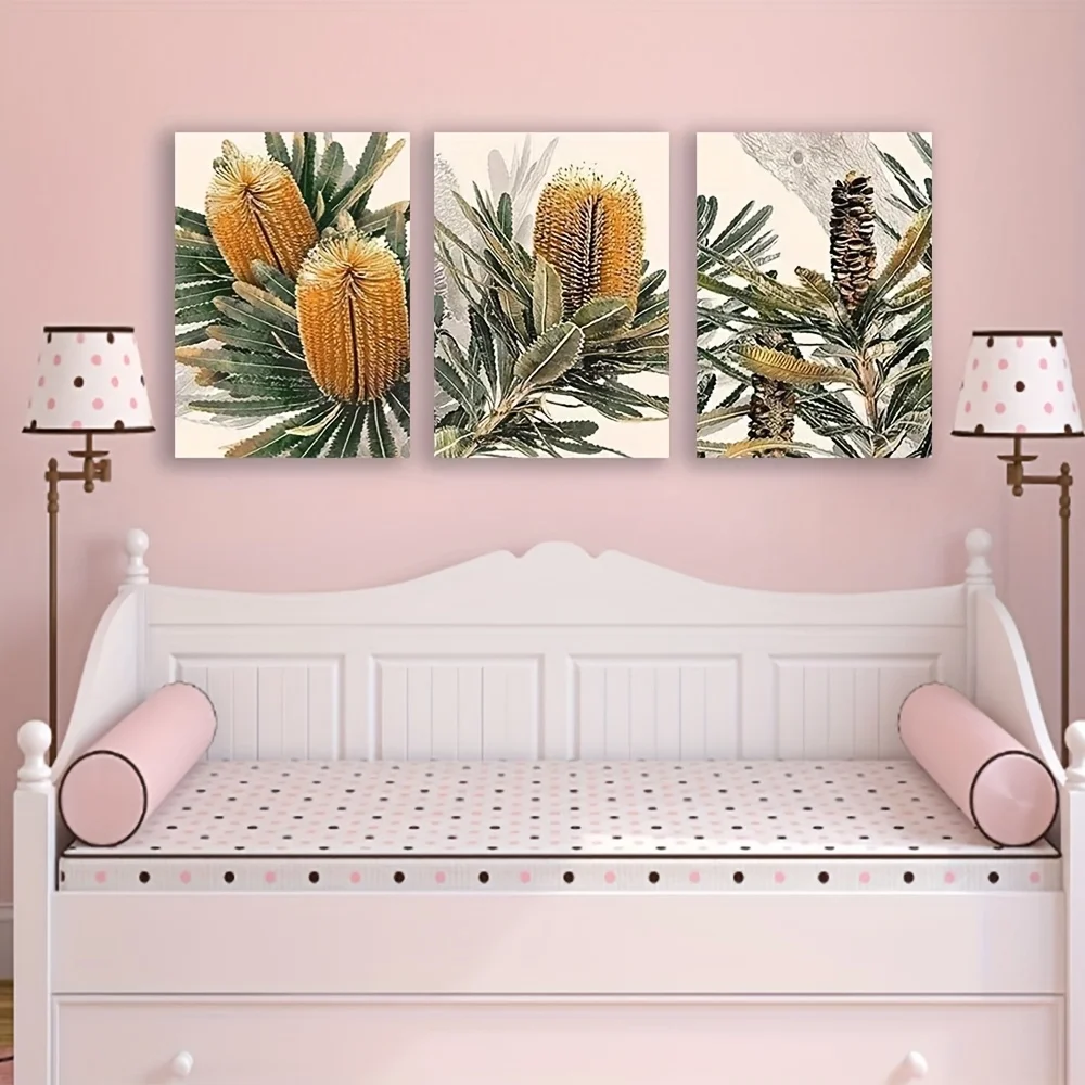 2D Flat 3pcs Unframed Modern Wall Art Prints - Floral Botanical Canvas Paintings Poster for Living Room, Contemporary Home De
