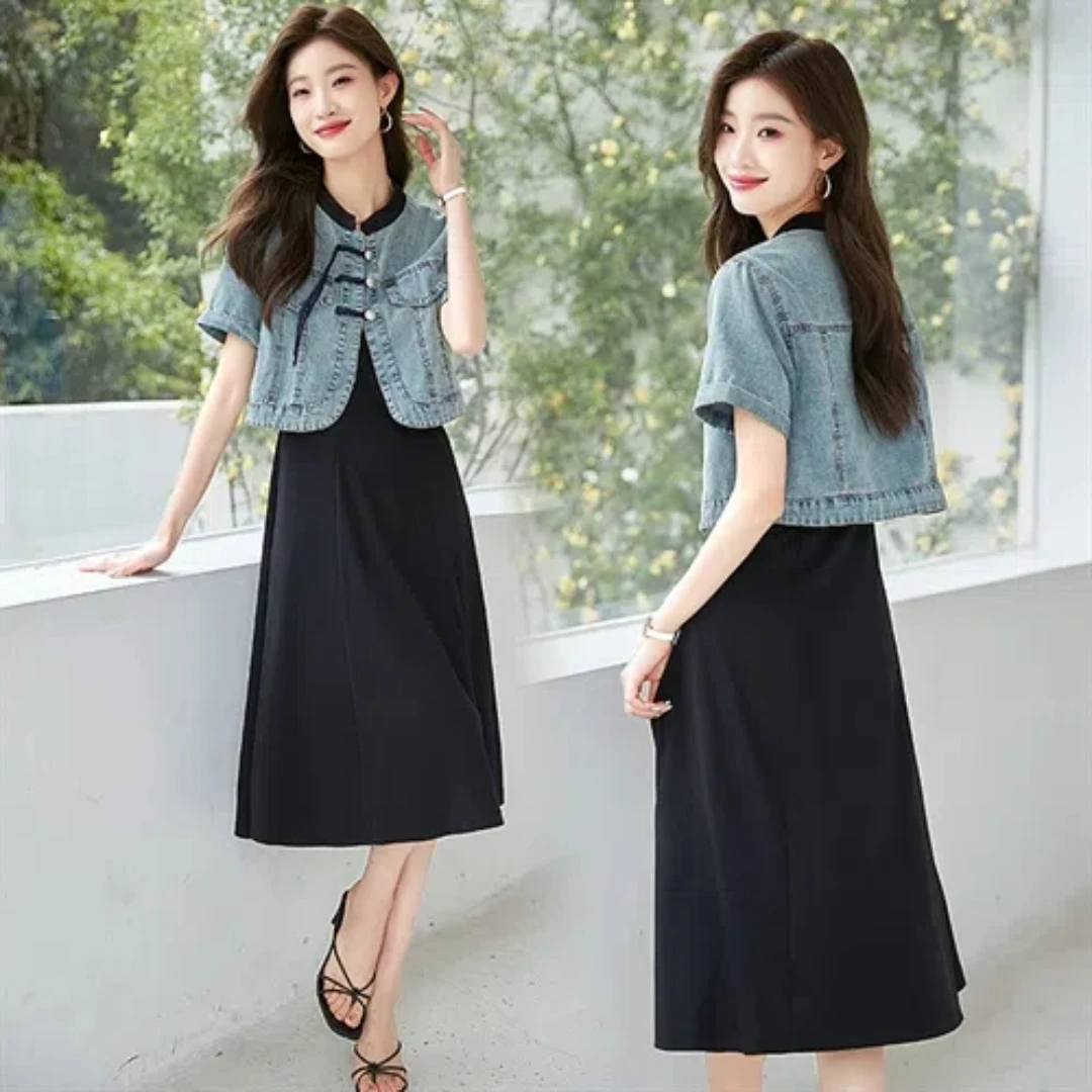 

Denim Jacket High Waisted Cotton Blend Skirt Two Piece Set - Knee-length A-line Skirt, Suitable for Business and Casual Wear