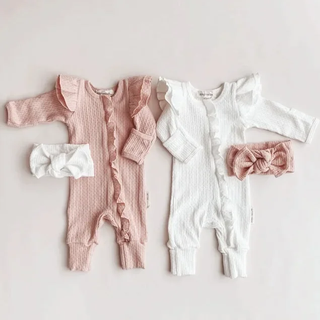2024 Korean Style Solid Color Simple and Versatile Girl Baby Onesuit Autumn and Winter Long Sleeve Wrap Knitted Jumpsuit