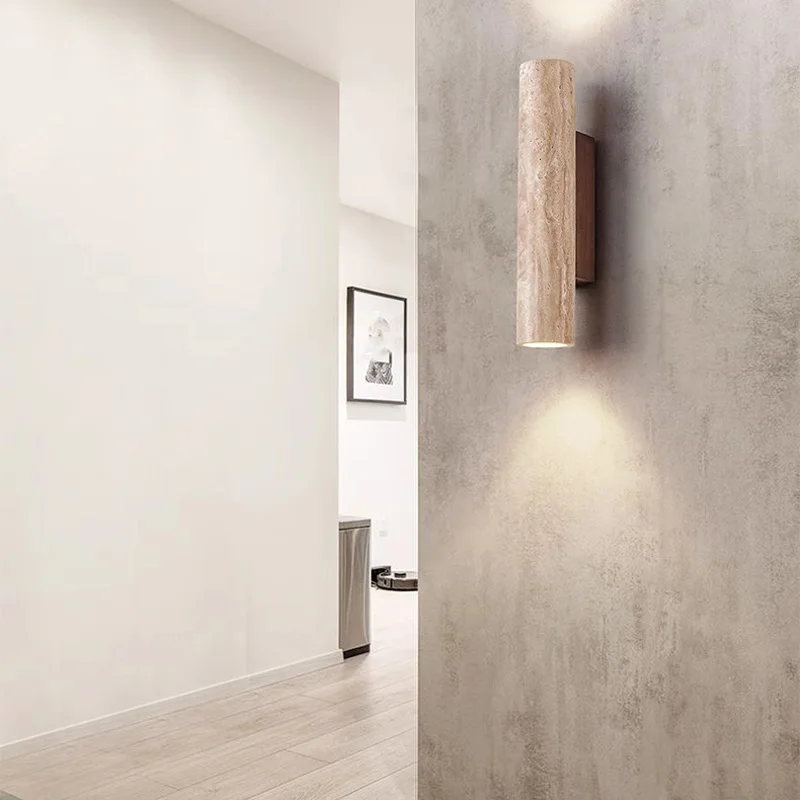 الجوز اللون الأصفر الترافرتين الجدار الخفيفة وابي سابي الطعام غرفة نوم السرير حتى أسفل توهج المحيطة LED الجدار الخفيفة