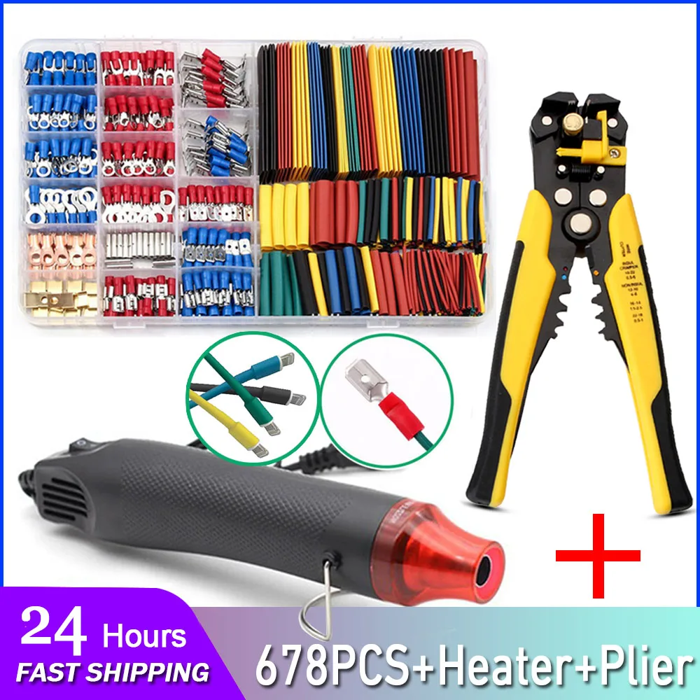 678PCS Heat Shrink Tube Sleeving Set Car Electrical Wire Terminals Insulated Ring Fork Set Ring Lugs Rolled Crimp with Pliers