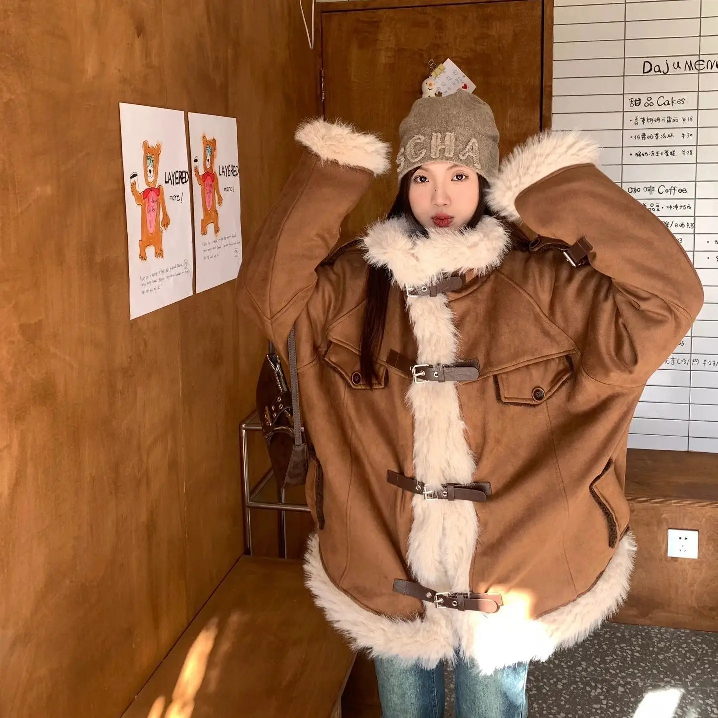 Chaqueta de motociclista acolchada con cuello de piel sintética de invierno para mujer Abrigo grueso y cálido