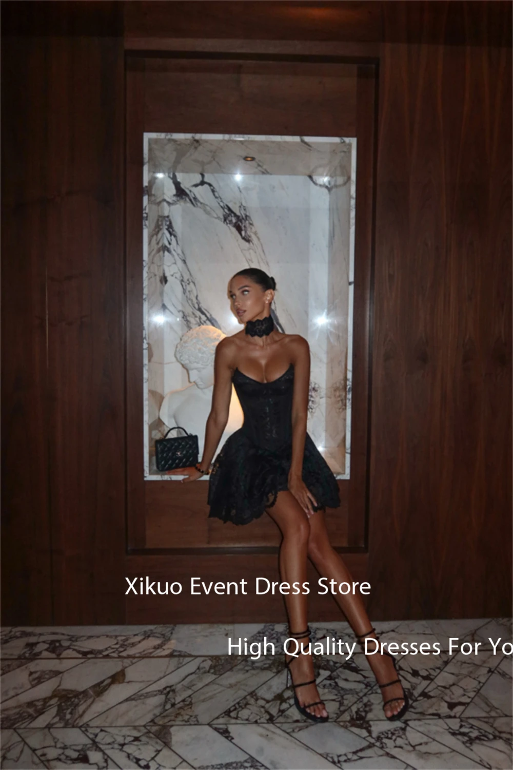 Xikuo ミニブラックレースのイブニングドレス恋人セクシーなコルセットウエディングドレスアップリケ膝上カクテルドレス女性カスタマイズ