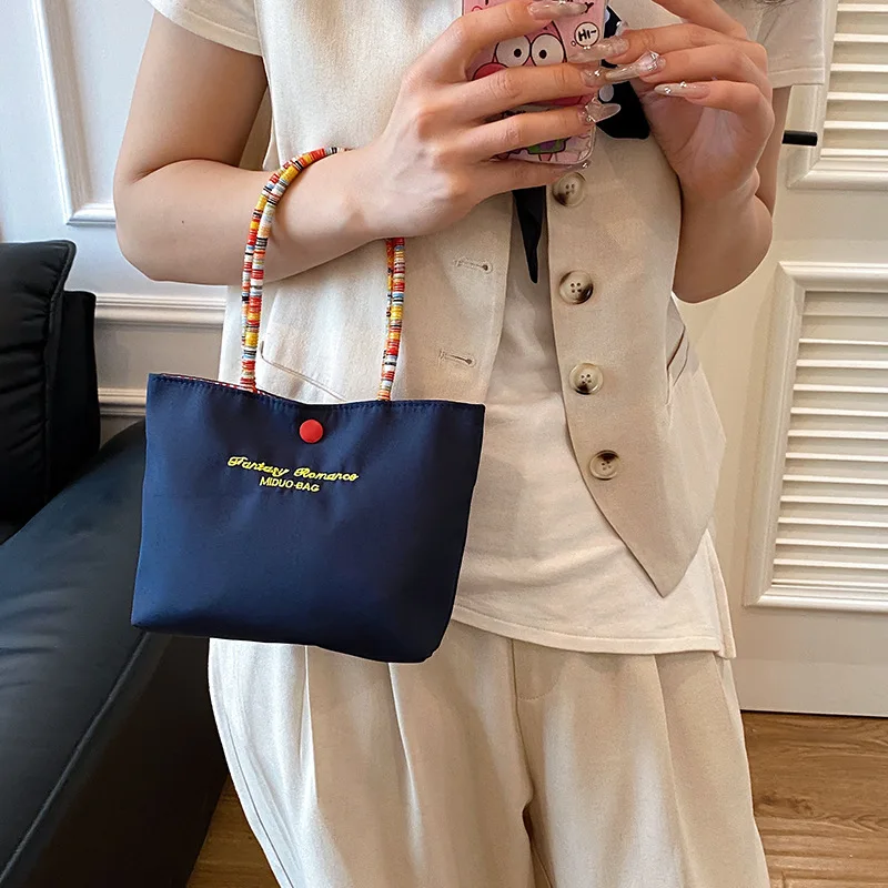 Handbag Vintage Embroidered Letters Portable and Cute Colorful Strings Shoulder Strap Color-matched Patch for Makeup Practical