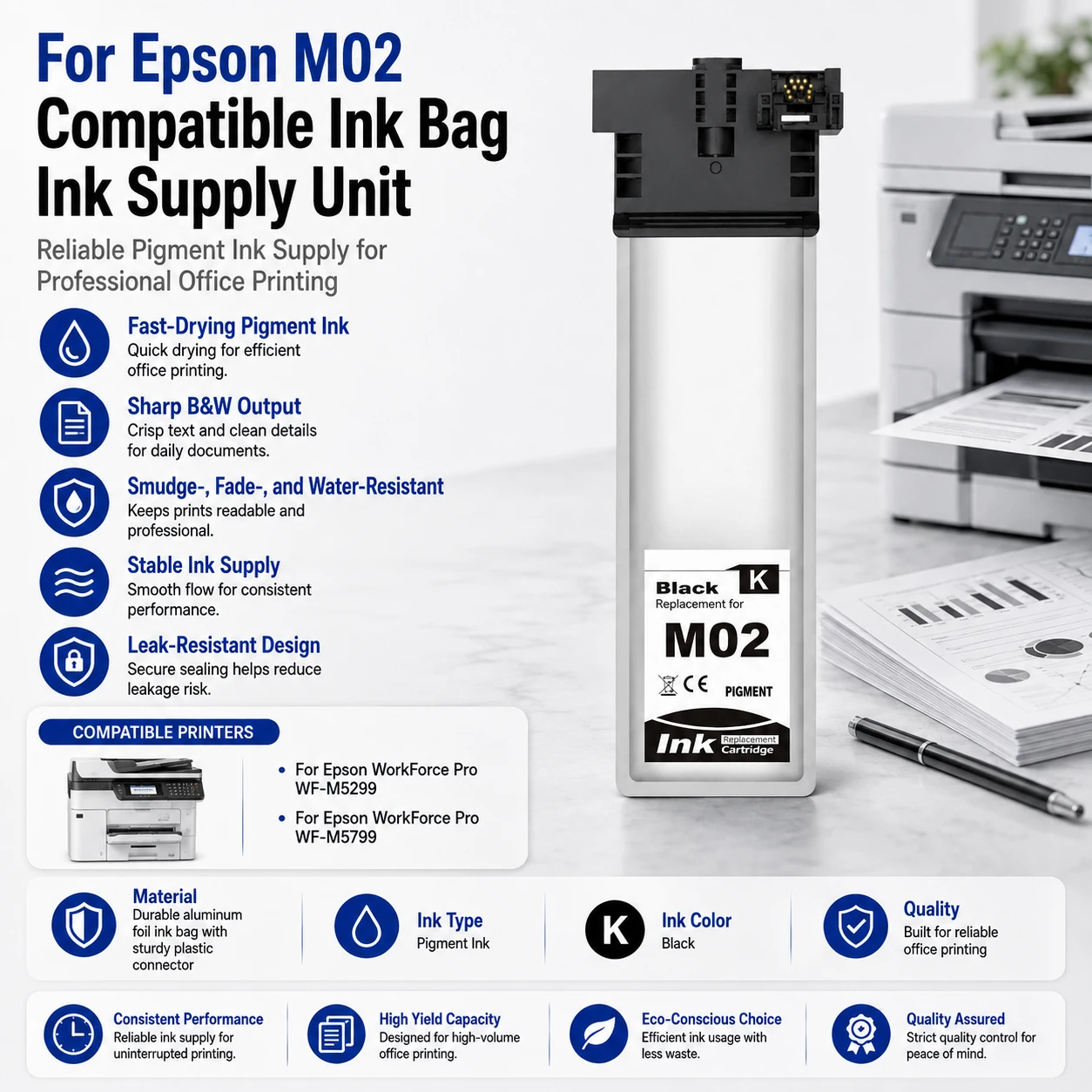 For Epson M02 Black Ink Bag Ink Supply With 100ML High Quality Pigment Ink Chip For WF-M5299 M5799 Printer