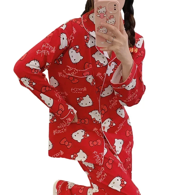 Kawaii Sanrios Hello Kitty Autumn Pajamas Suit Girls Soft Winter Cardigan Long Sleeve Pants Casual Women Homewear Sleepwear Gift