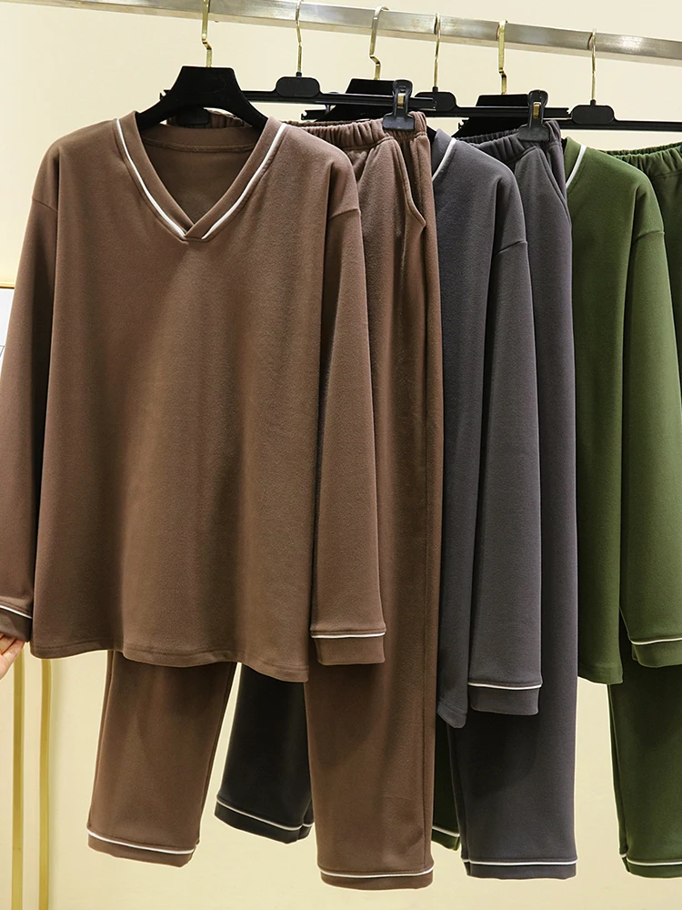 

Мужской комплект одежды большого размера, свободная домашняя одежда с треугольным вырезом и v-образным вырезом Fce, теплый длинный свек, повседневный комплект из двух предметов, липень олень