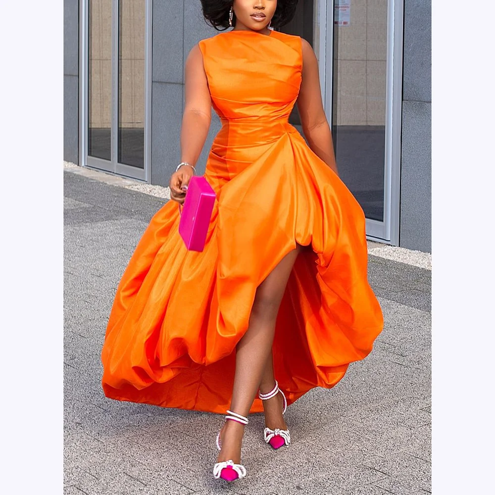 

Orange Prom Dresses Chic High Collar Sleeveless Pleats High Low Evening Dress Modern Style Floor Length Elegant Gown 2025