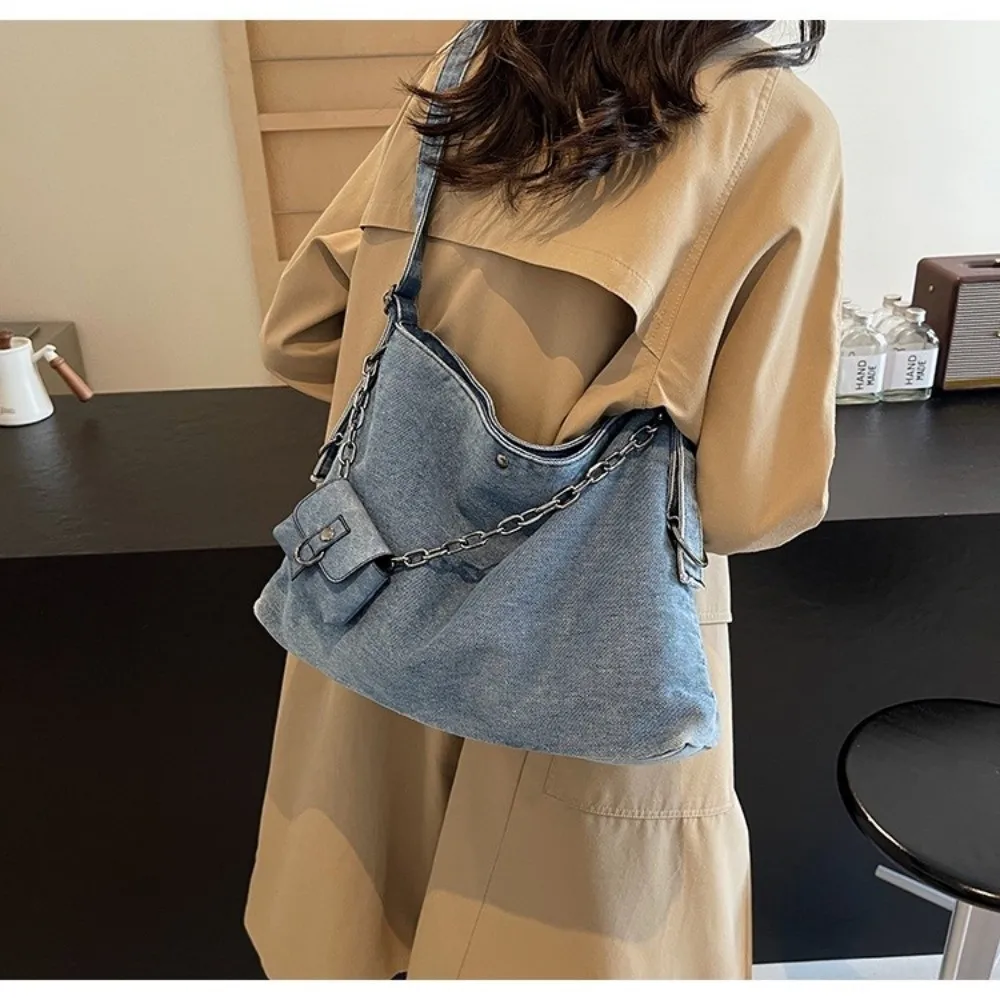 

With Small Bag Denim Shoulder Bag Korean Style Large Capacity Handheld Tote Bag Cross Body Retro Women's Chain Crossbody Bag