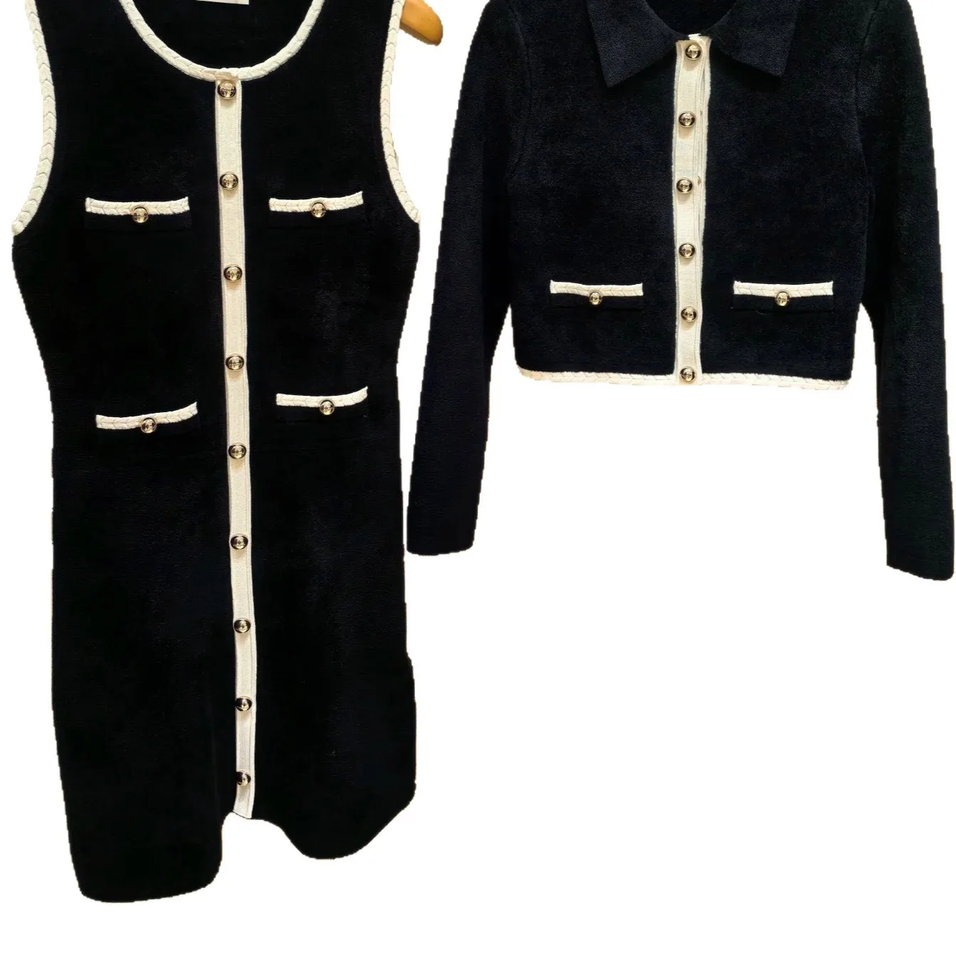 Costume deux pièces noir et blanc pour femme à manches longues, robe cardigan élégante ou gilet sans manches