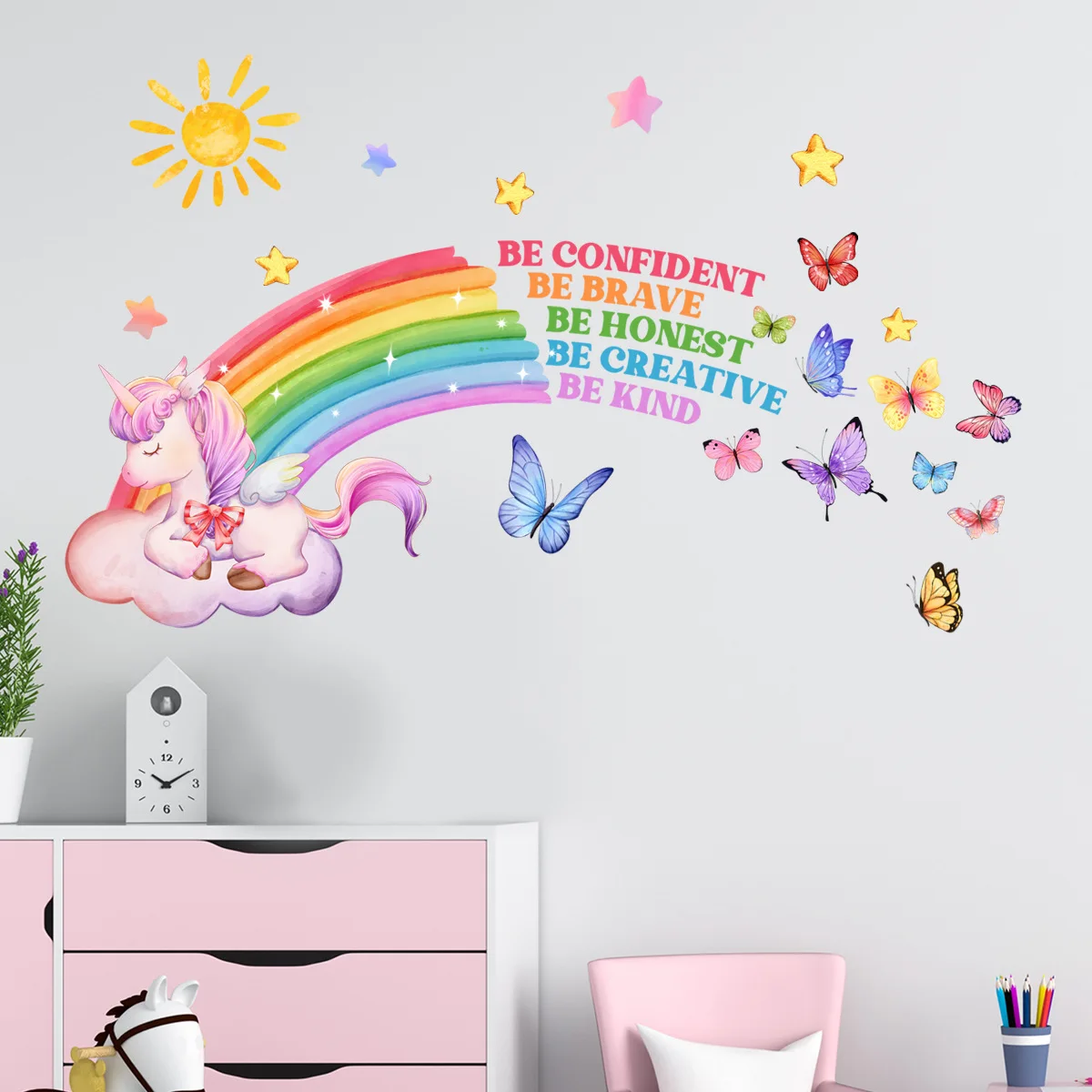 25*70cm English Rainbow Unicorn Star Cartoon Wall Stickers Background Wall Living Room Bedroom Decorative Wall Stickers Ms6239