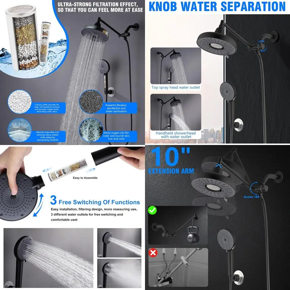 

8 3-Function High-Pressure Showerhead with Handheld, Extendable Arm & 60 Hose, Hard Water Filter, Black