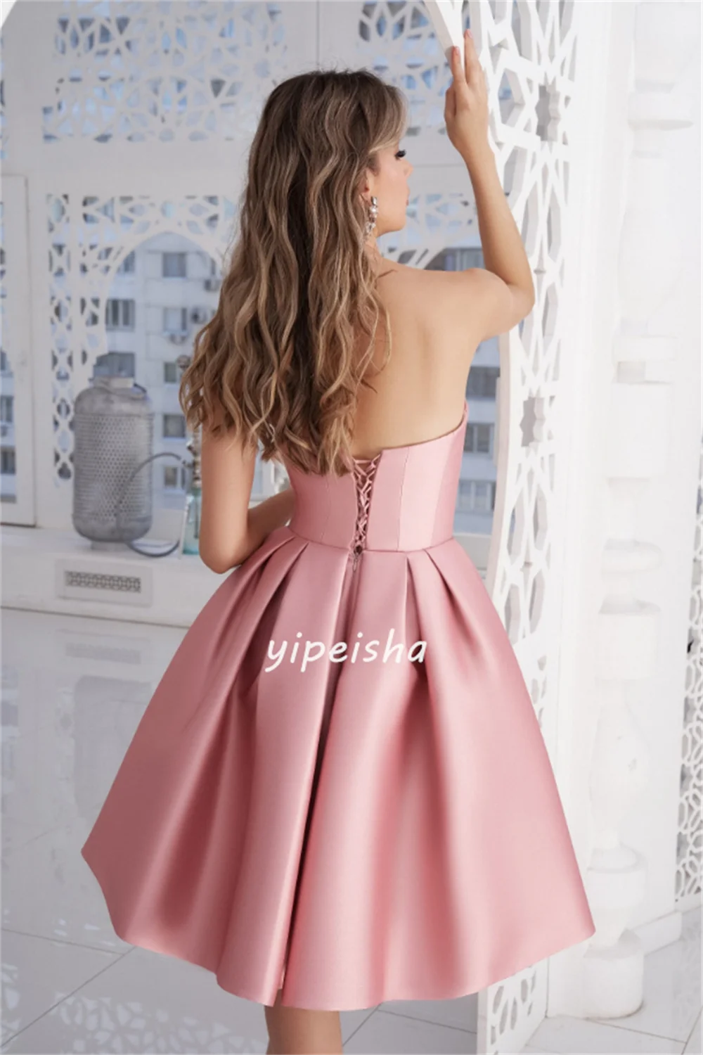 Customized Satin Handmade Flower Cocktail Party A-line Strapless Bespoke Occasion Gown Midi Dresses