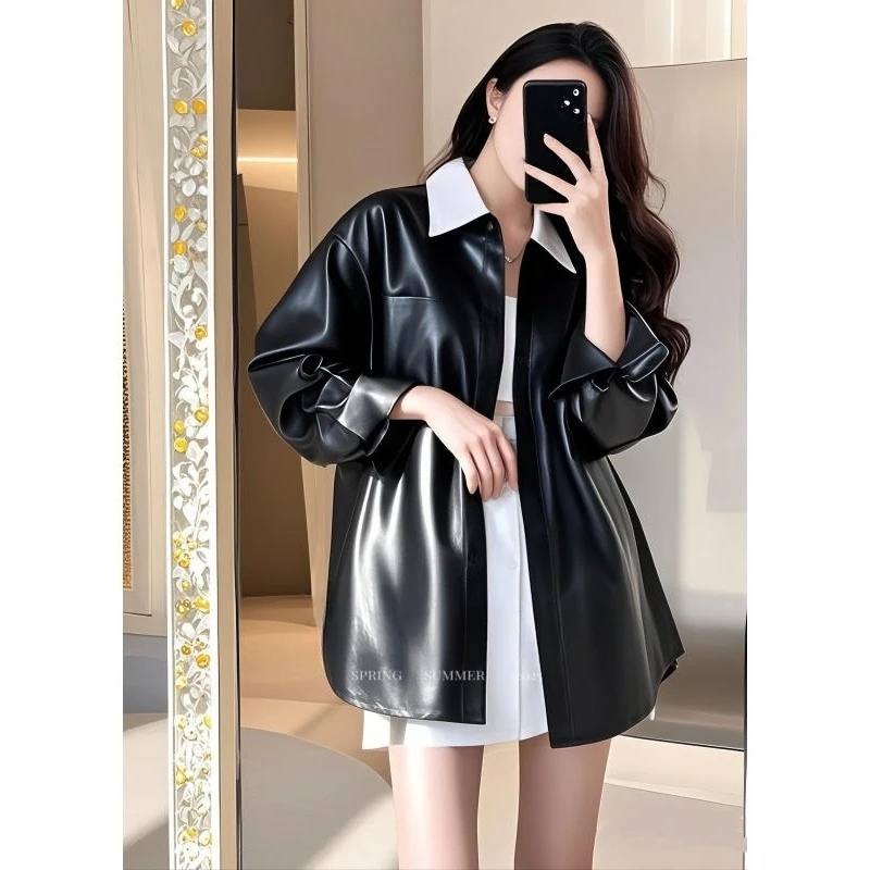This Year's Popular Explosion of Small Korean Version Unique Super Beautiful Small Fragrance Black Yellow Leather Shirt Coat