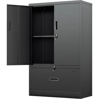 Armário de armazenamento de metal com gaveta, armário de arquivo de metal preto de 51 ”com portas e prateleiras, armário de arquivo lateral de aço para casa