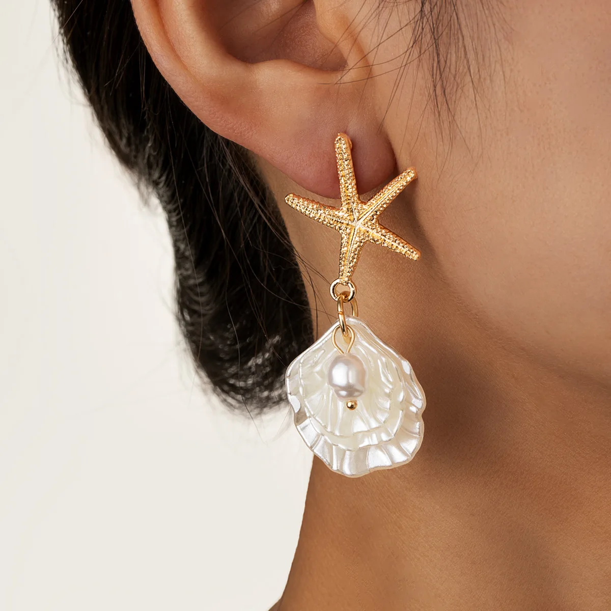 Summer Beach Vacation Style Fashion Creativity Starfish Pendant Imitation Pearl Scallop Tassel Earrings for Women  Punk Jewelry