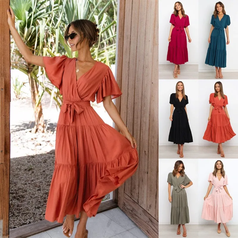 SummerWomen's Casual Dresses Short-Sleeved Lace-up Long Swing Dress Large Size Elegant Daily Dress