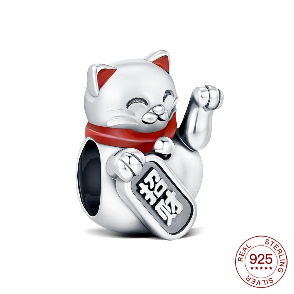 Charm-Anhänger aus 925er-Sterlingsilber, glückliche Katze, Perlenschmuckherstellung, Original-Armbänder, Damen-Modeschmuck, Geschenke für den Alltag