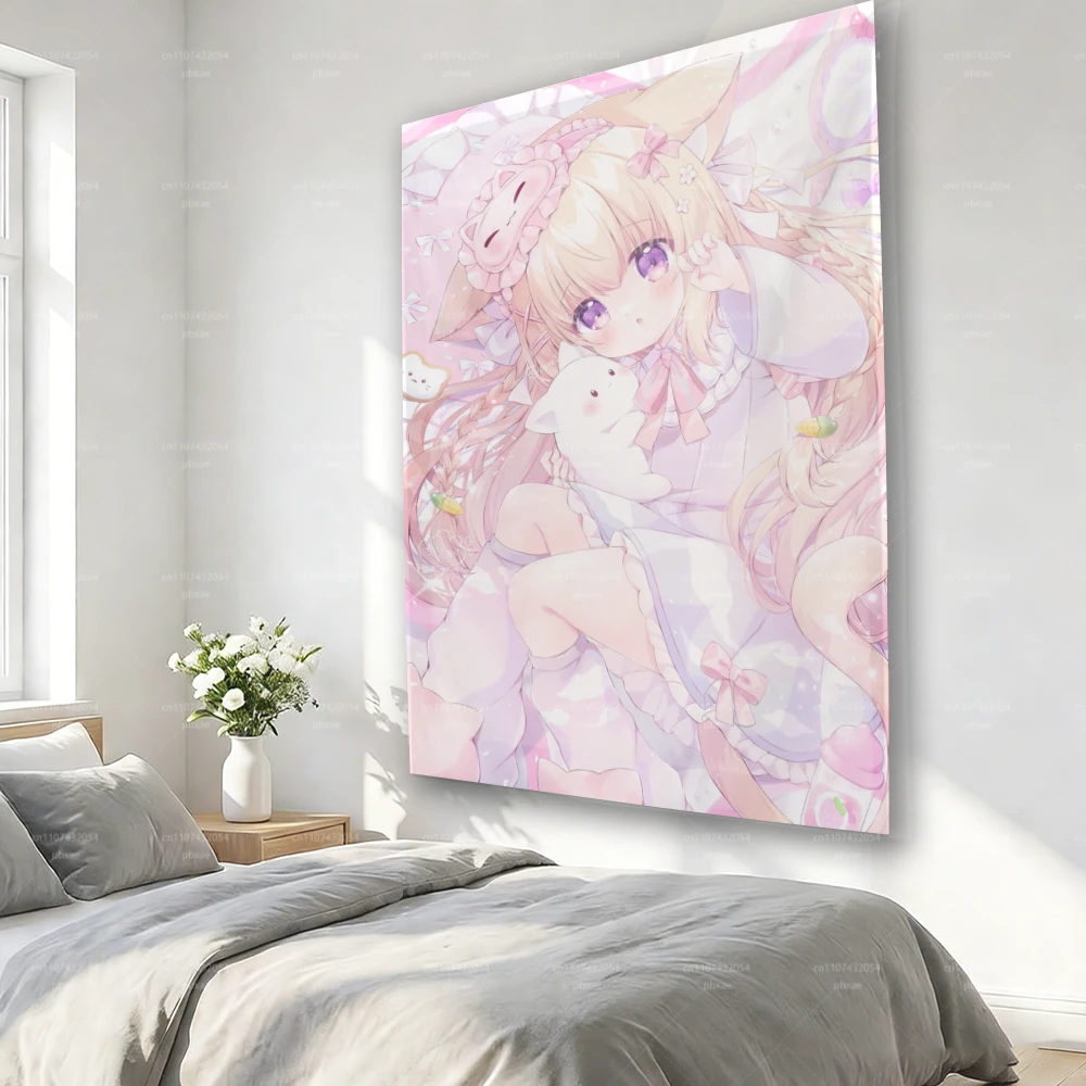 Niedliche Kawaii Neko Anime Wandteppich Rosa Katzenohren Mädchen Wanddekoration Geschenk für Anime-Fans Mädchenzimmer-Deko