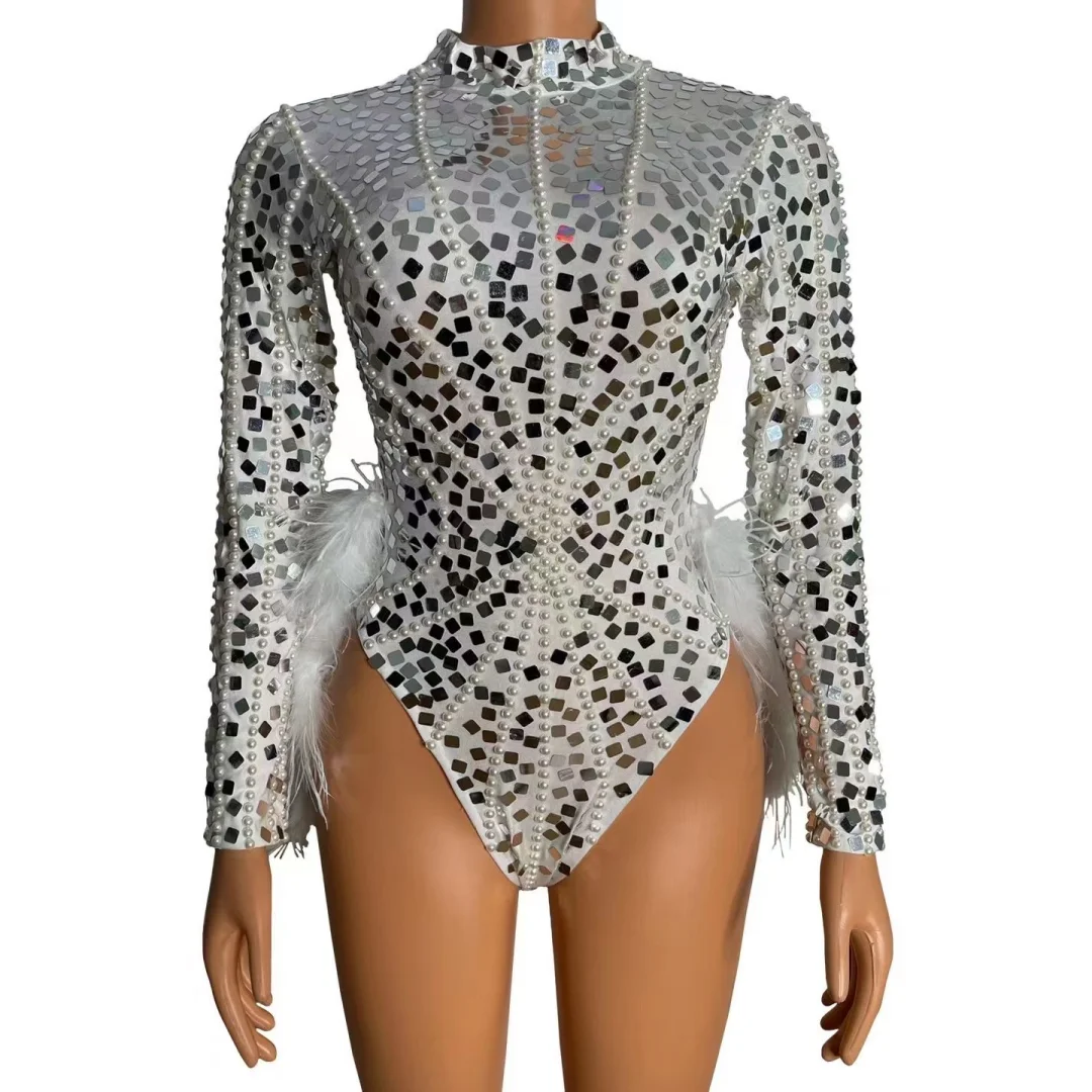 Sparkly Stage Silver Sequins Pearl White Feathers Stretch Bodysuit Women Sexy Nightclub Outfit Performance Dance Stage Costume